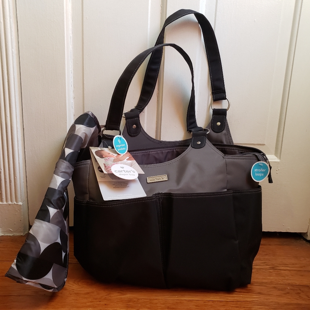 NWT Carter's Tote Diaper Bag with Changing Pad, Black and Gray, 9 Pockets